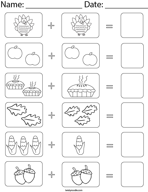 Simple Addition Thanksgiving Worksheets